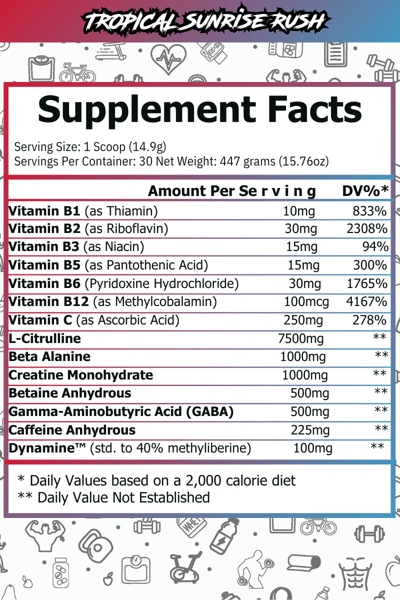Dose Fuel Tropical Sunrise Rush Supplement Facts - 14.9g Serving Size, Vitamins B1, B2, B3, B5, B6, B12, C, L-Citrulline, Beta Alanine, Creatine Monohydrate, Betaine Anhydrous, GABA, Caffeine, Dynamine