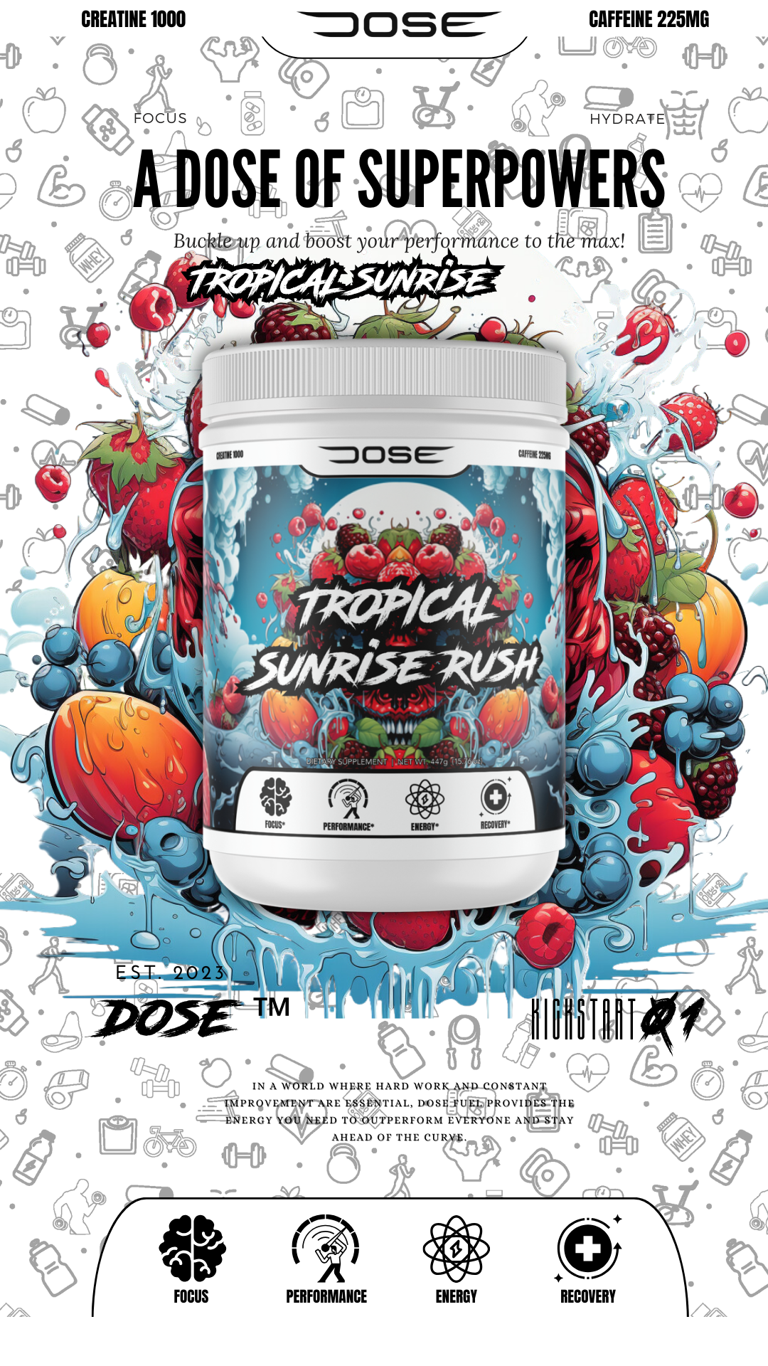 Dose Fuel Tropical Sunrise Rush Pre-Workout Supplement - A Dose of Superpowers, 1000mg Creatine, 225mg Caffeine, Boost Performance, Focus, Energy, and Recovery