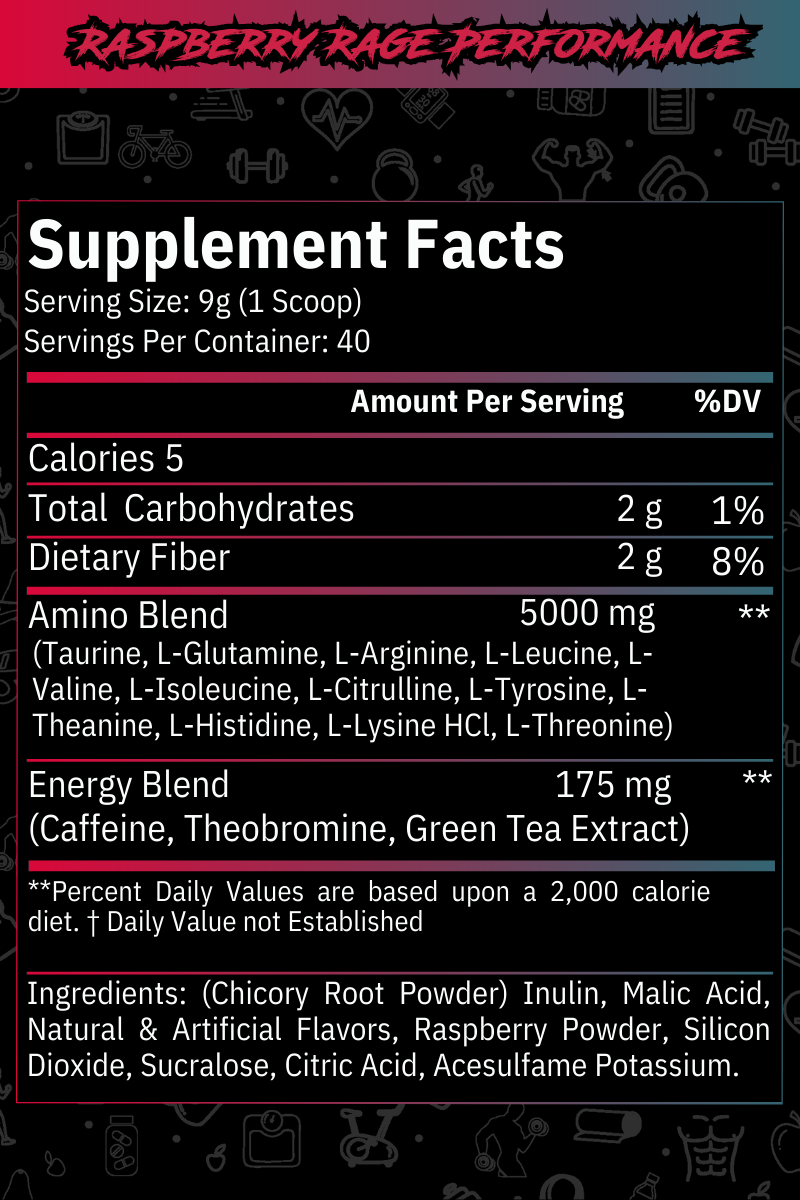 Dose Fuel Raspberry Rage Performance Supplement Facts - 9g Serving Size, 5 Calories, 2g Carbohydrates, 5000mg Amino Blend, 175mg Energy Blend, Nutritional Information
