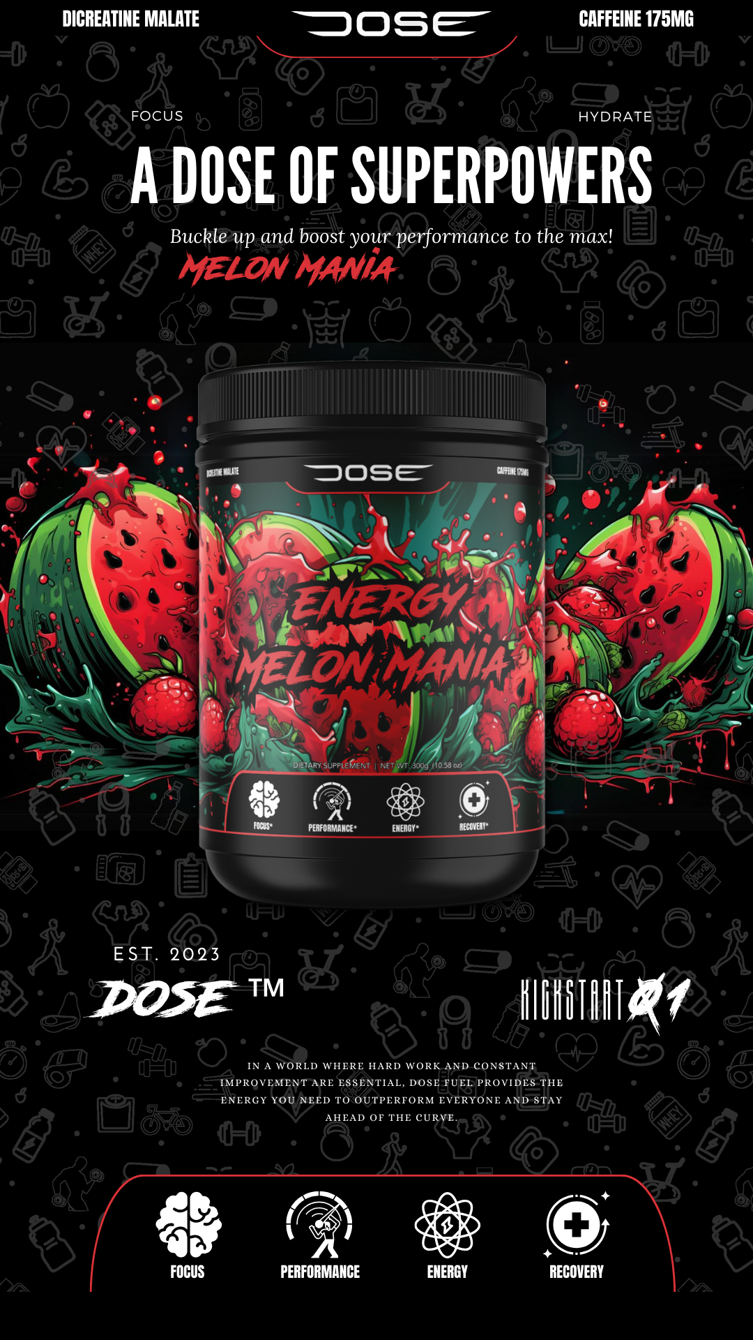 Dose Fuel Energy Melon Mania Pre-Workout Supplement - A Dose of Superpowers, 1500mg Dicreatine Malate, 175mg Caffeine, Boost Performance, Focus, Energy, and Recovery