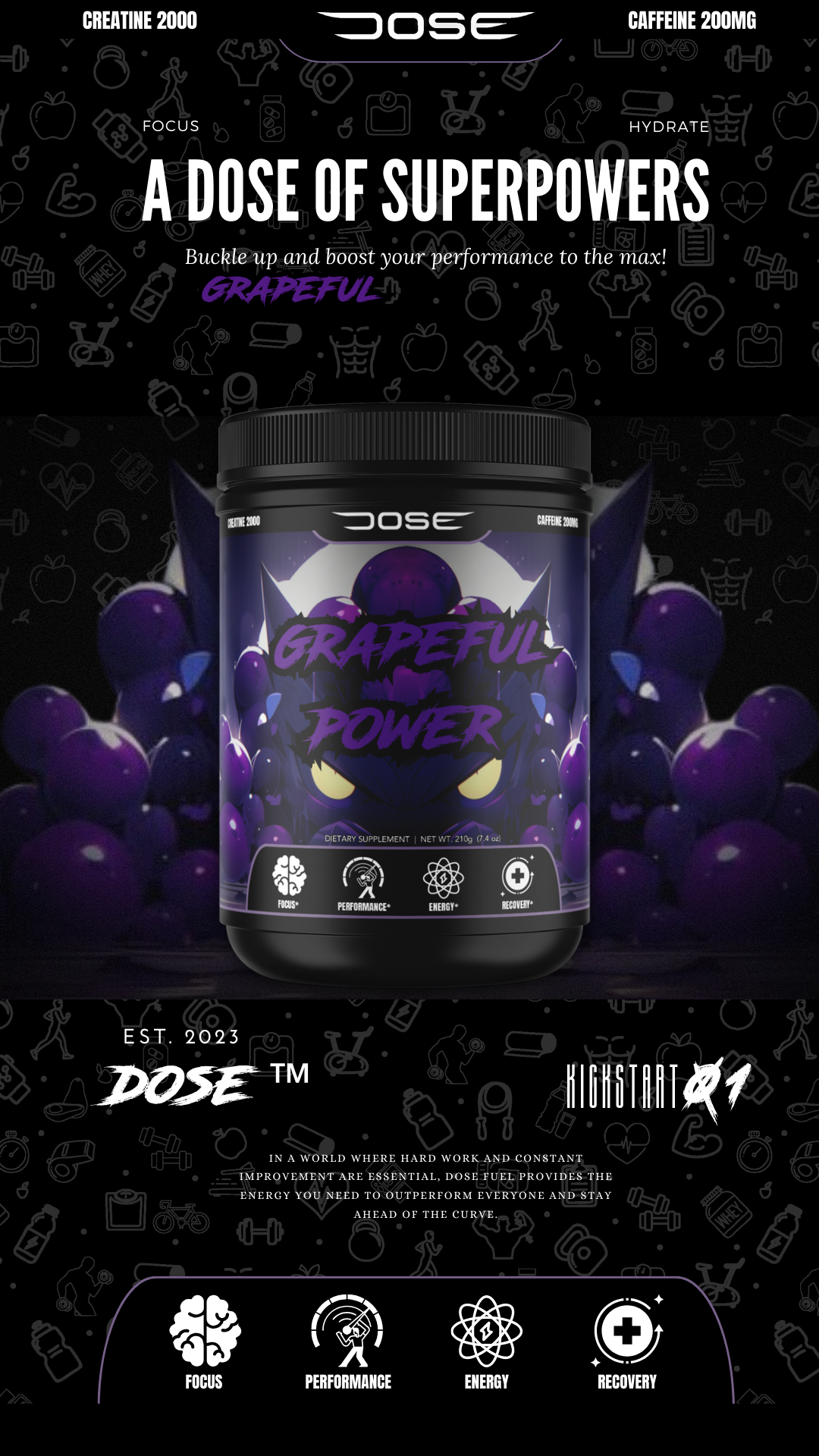 Dose Fuel Grapeful Power Pre-Workout Supplement - A Dose of Superpowers, 2000mg Creatine, 200mg Caffeine, Boost Performance, Focus, Energy, and Recovery