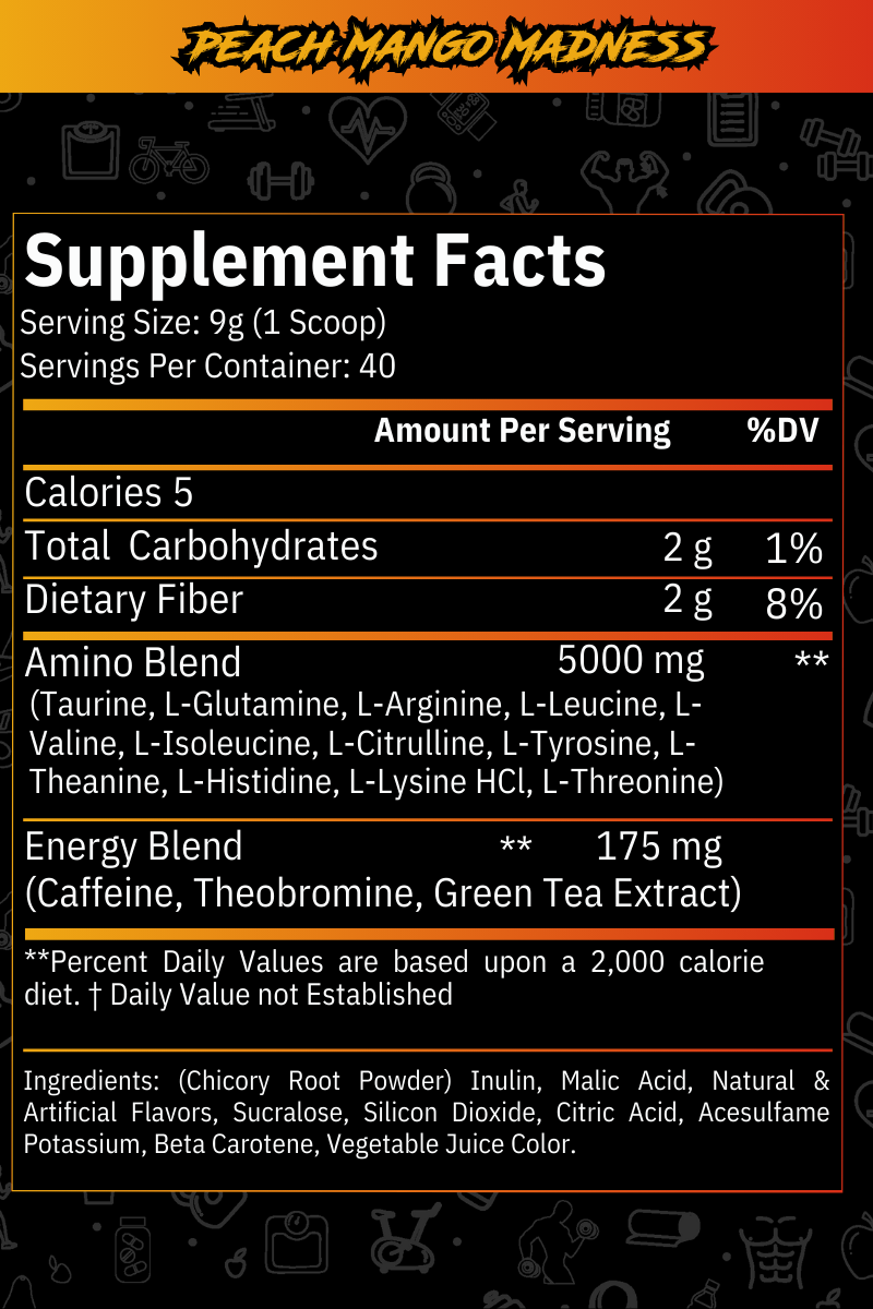 Dose Fuel Peach Mango Madness Supplement Facts - 9g Serving Size, 5 Calories, 2g Carbohydrates, 5000mg Amino Blend, 175mg Energy Blend, Nutritional Information