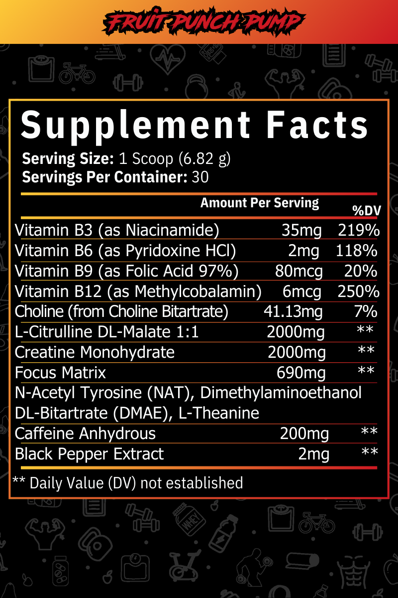 Dose Fuel Fruit Punch Pump Supplement Facts - 6.82g Serving Size, Vitamins B3, B6, B9, B12, Choline, L-Citrulline DL-Malate, Creatine Monohydrate, Focus Matrix, Caffeine Anhydrous, Black Pepper Extract