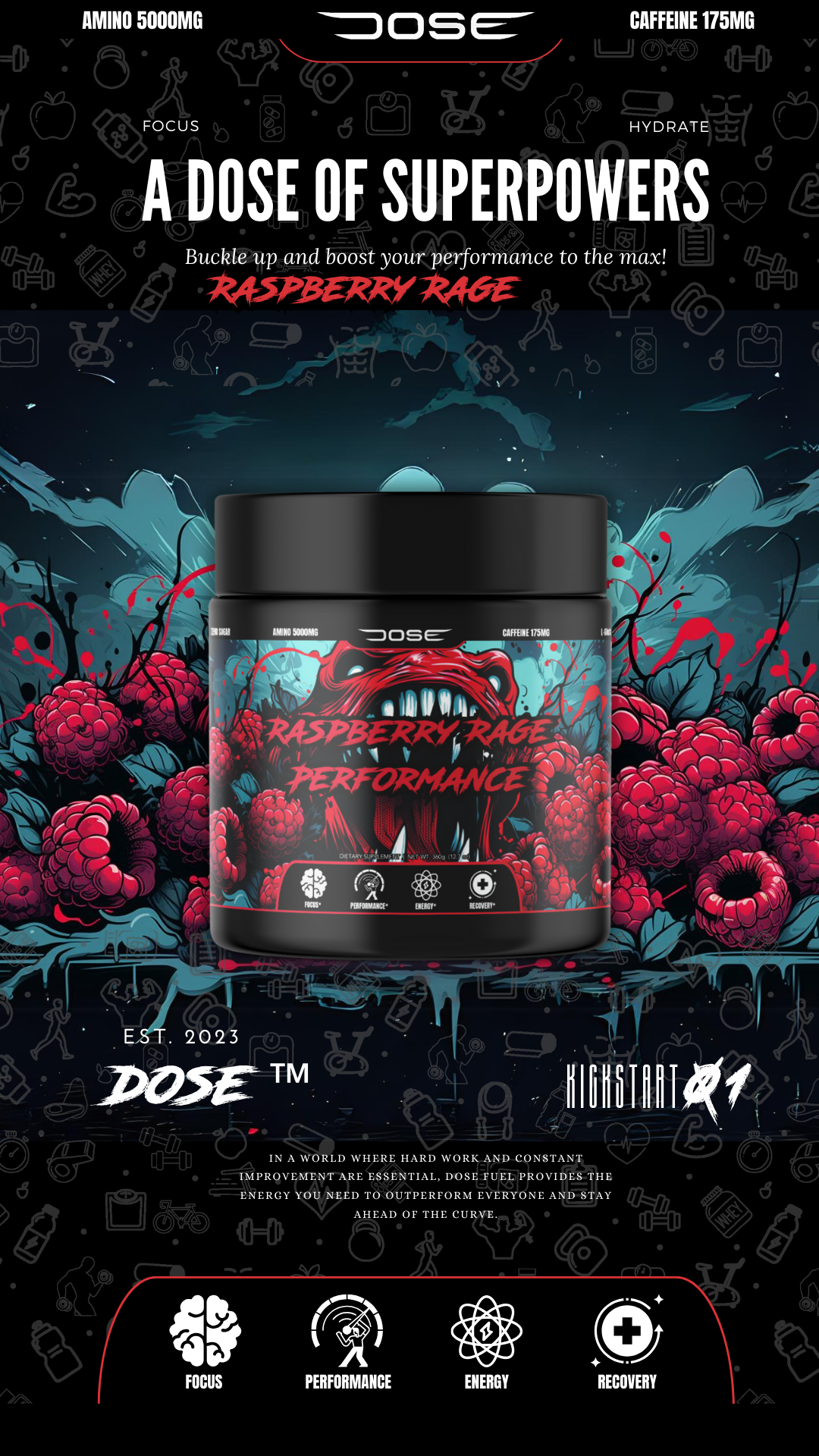 Dose Fuel Raspberry Rage Performance Pre-Workout Supplement - A Dose of Superpowers, 5000mg Amino Blend, 175mg Caffeine, Boost Performance, Focus, Energy, and Recovery