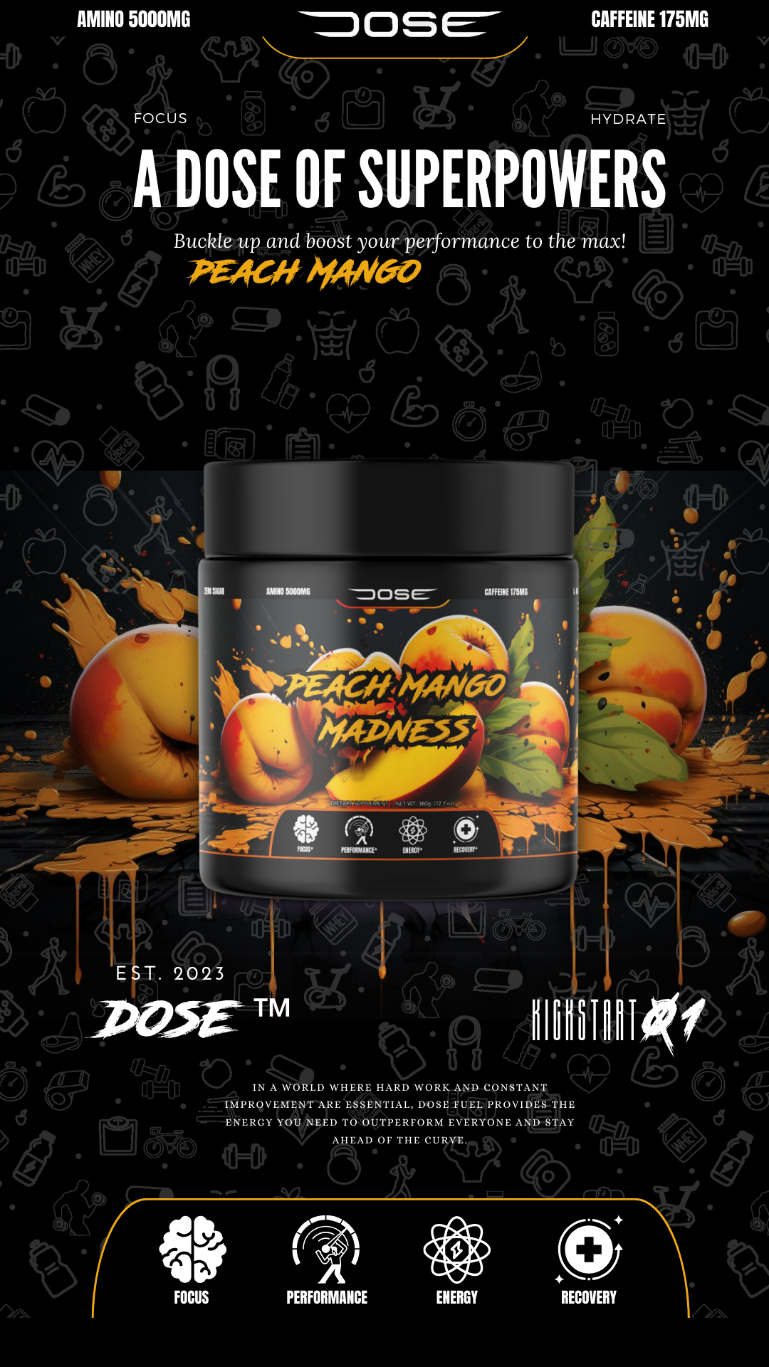 Dose Fuel Peach Mango Madness Pre-Workout Supplement - A Dose of Superpowers, 5000mg Amino Blend, 175mg Caffeine, Boost Performance, Focus, Energy, and Recovery