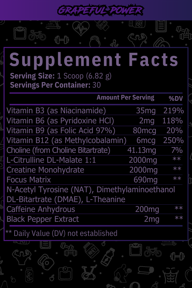 Dose Fuel Grapeful Power Supplement Facts - 6.82g Serving Size, Vitamins B3, B6, B9, B12, Choline, L-Citrulline DL-Malate, Creatine Monohydrate, Focus Matrix, Caffeine Anhydrous, Black Pepper Extract
