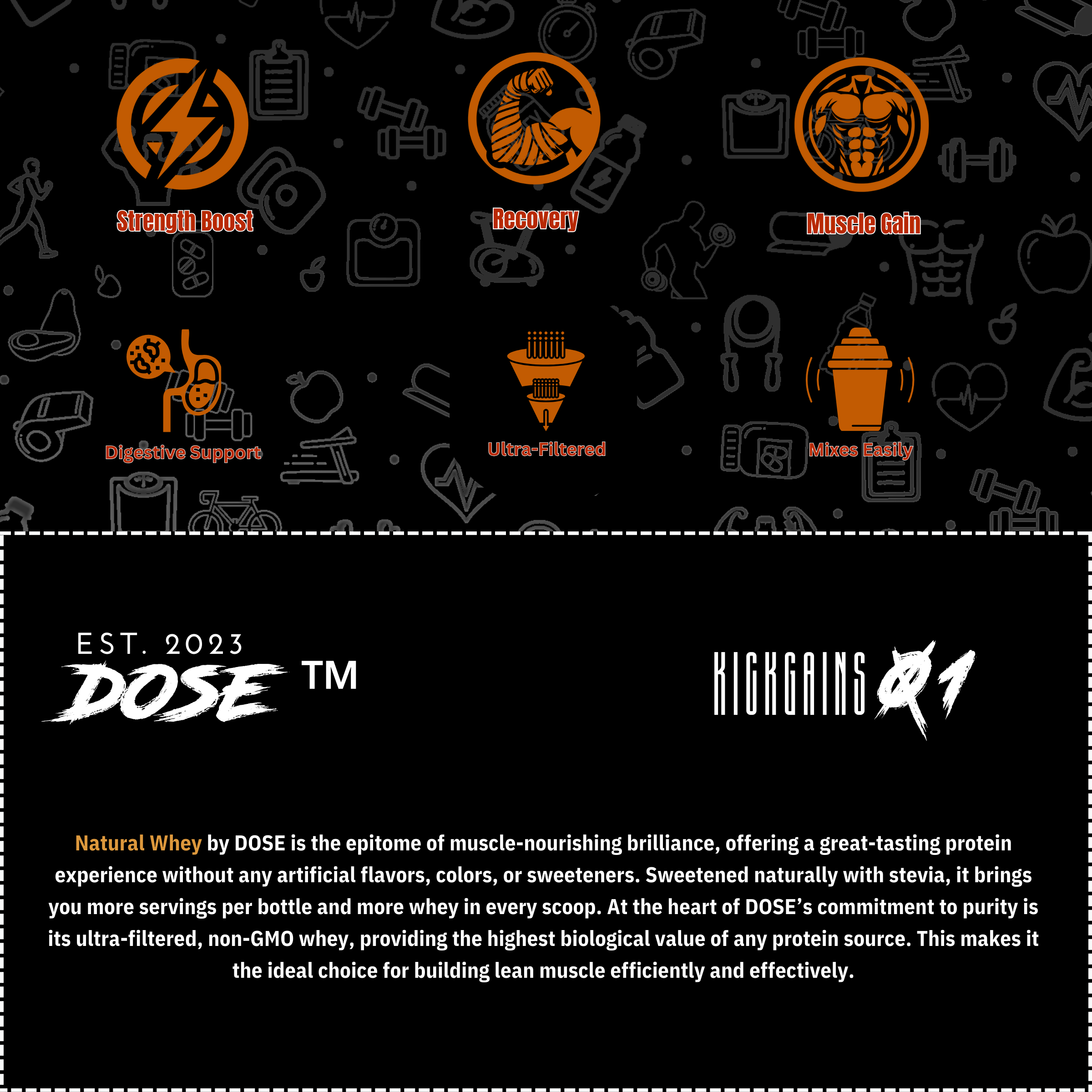 Dose Fuel Natural Whey Protein Benefits - Strength Boost, Recovery, Muscle Gain, Digestive Support, Ultra-Filtered, Mixes Easily. Natural, Non-GMO Whey for Building Lean Muscle