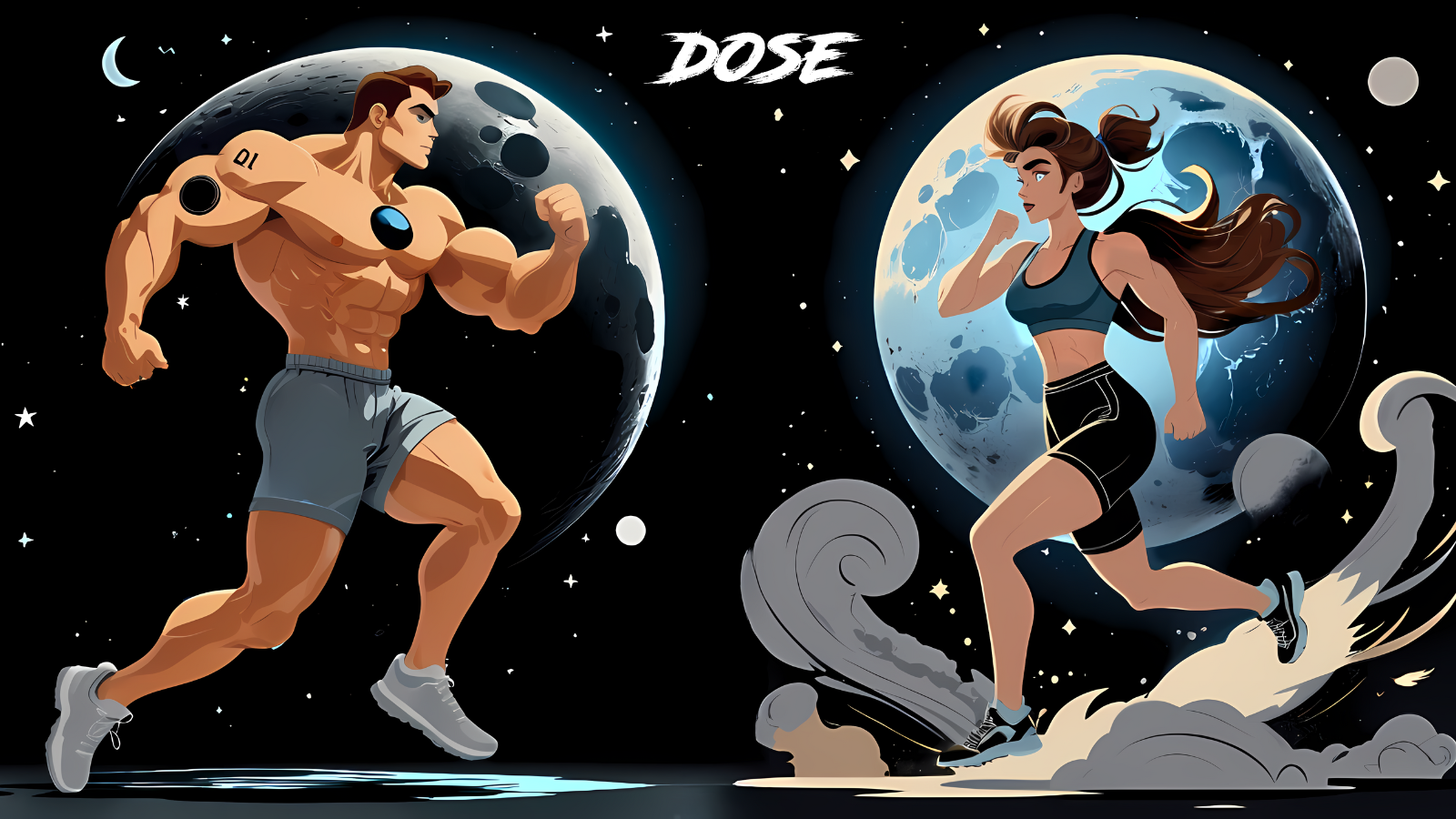 Dose Fuel Supplement - Empowering Men and Women for Peak Performance, Featuring Strong Athletic Figures Running Against a Lunar Background