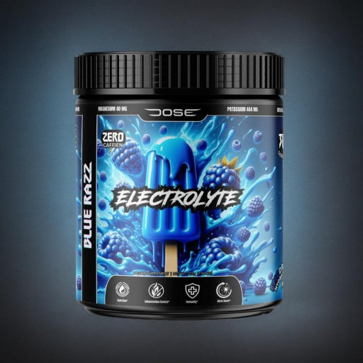 Dose Blue Razz Electrolyte: Zero Caffeine. Contains Magnesium 40mg and Potassium 444mg. Features vibrant blue packaging with a blue popsicle and berries. Benefits include hydration, immune support, and muscle recovery.