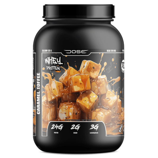 Dose Fuel Caramel Toffee Whey Protein Powder - 24g Protein, 2g Sugar, 3g Carbohydrate, ISO Protein Supplement with Caramel Toffee Artwork